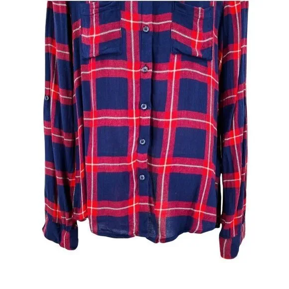 Blue Rain Plaid Open Back Button Up Long Sleeve Shirt Small - Picture 5 of 7